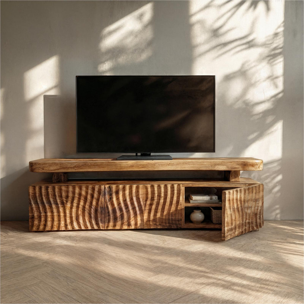 Modern TV Cabinet, Solid Wood Media Console with Unique Wave Pattern Storage for Living Room