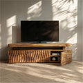 Modern TV Cabinet, Solid Wood Media Console with Unique Wave Pattern Storage for Living Room