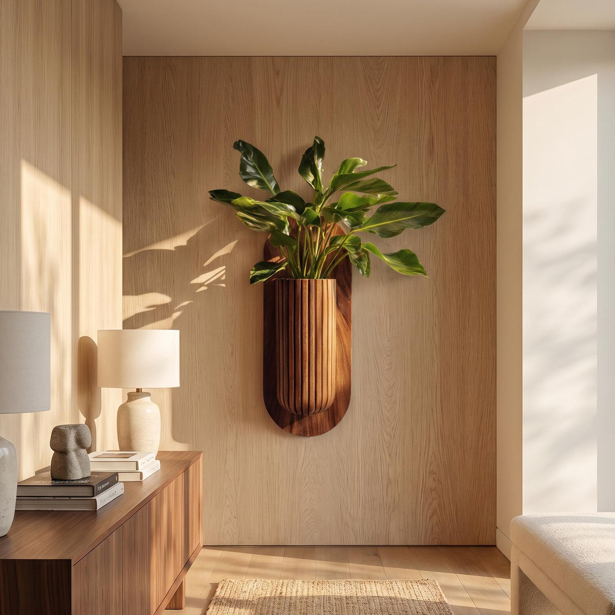 Minimalist Wood Wall Planter, Solid Oak Hanging Vessel Indoor Plant Pot & Succulent Holder