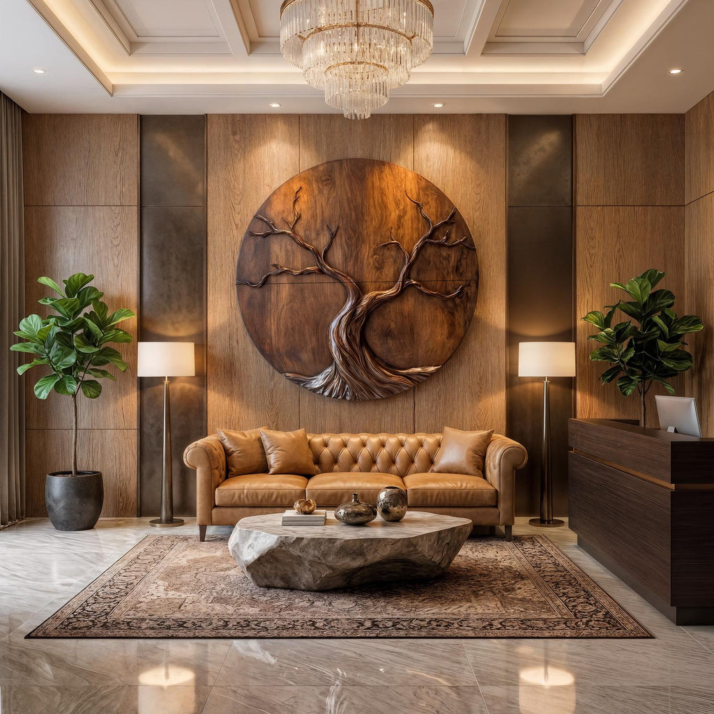 Round Tree Wall Decor, Circular Sculptural Wood Wall Art & Nature-Inspired Panel for Living Room