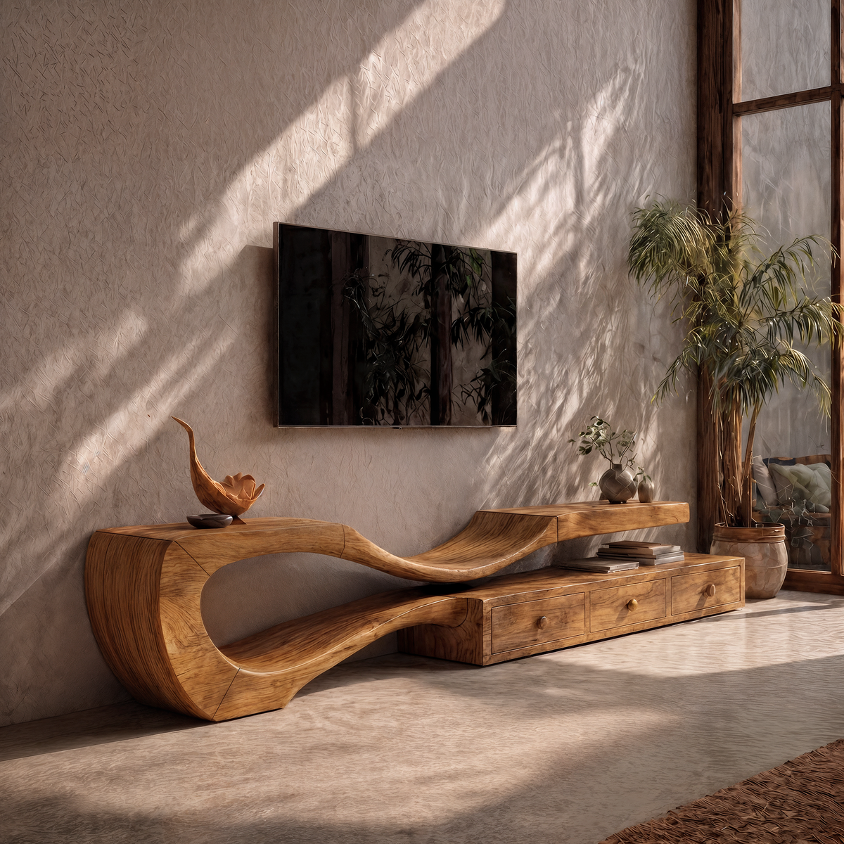 Modern TV Cabinet with Sculptural Curved Wood Base, Handcrafted Storage Drawers, Solid Wood Media Stand Credenza