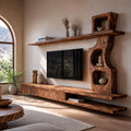 Sculptural Wood TV Cabinet with Tree Inspired Storage Shelves & Unique Media Credenza for Living Room