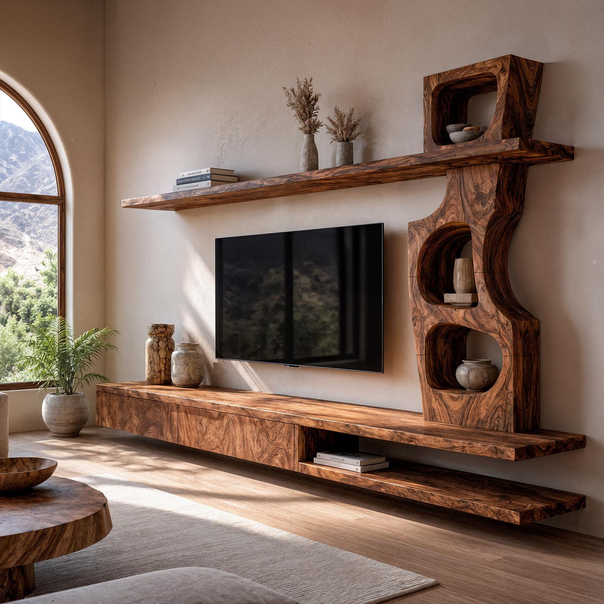 Sculptural Wood TV Cabinet with Tree Inspired Storage Shelves & Unique Media Credenza for Living Room