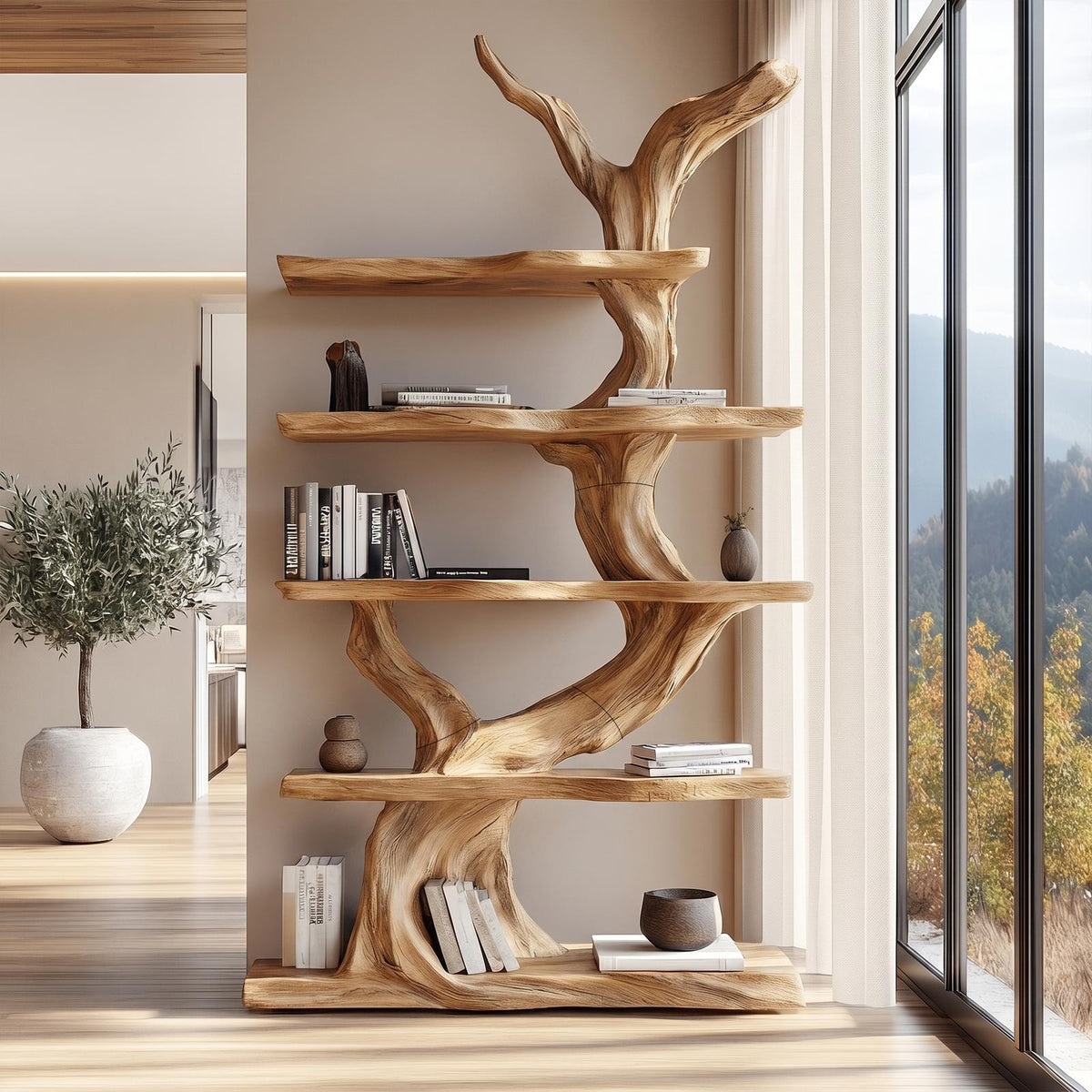 Organic Tree Bookshelf, Sculptural Wooden Branch Design Multi-Tier Open Display Shelves for Modern Living Room