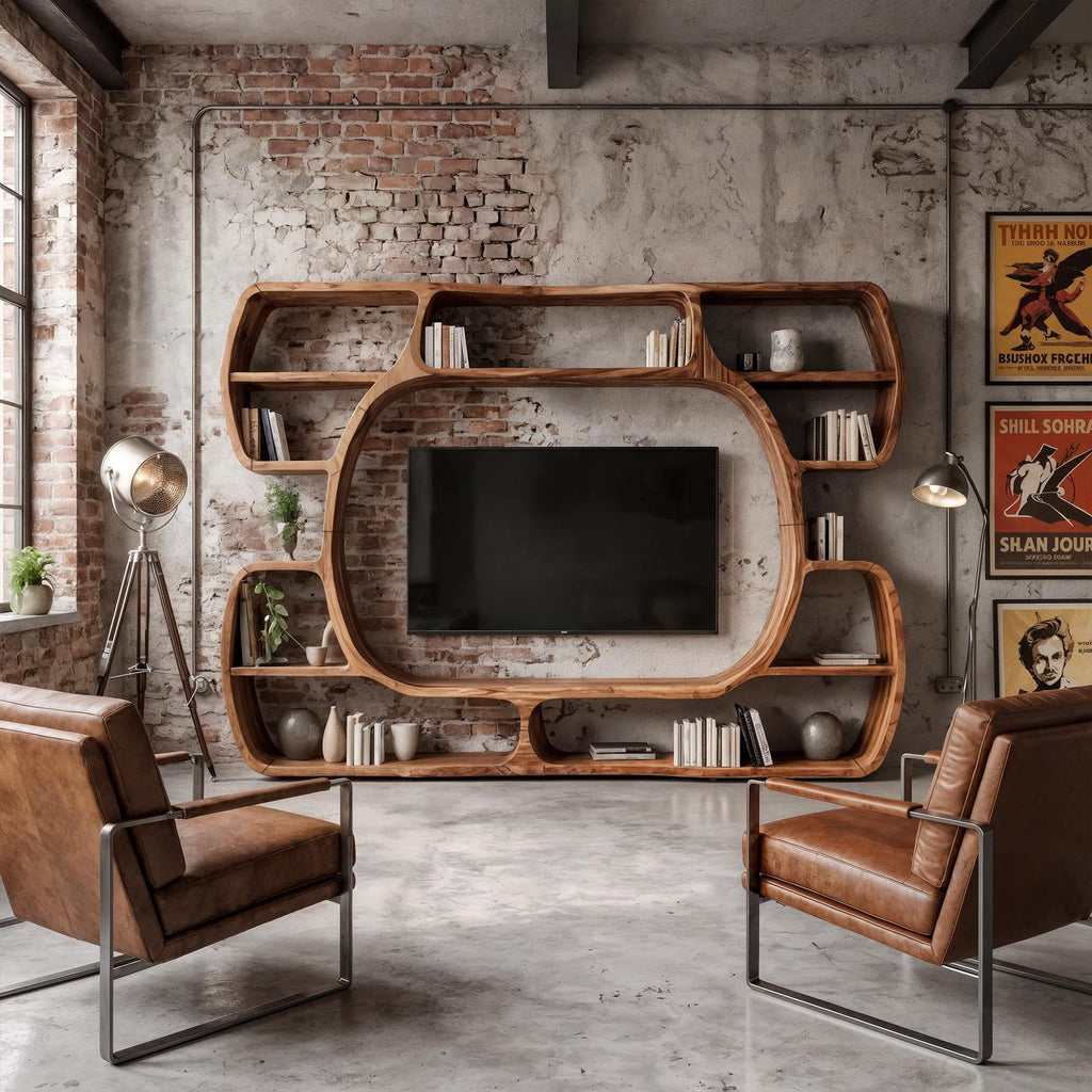 Organic Wood Entertainment Center with Sculptural Surround Shelves & Large TV Console for Living Room