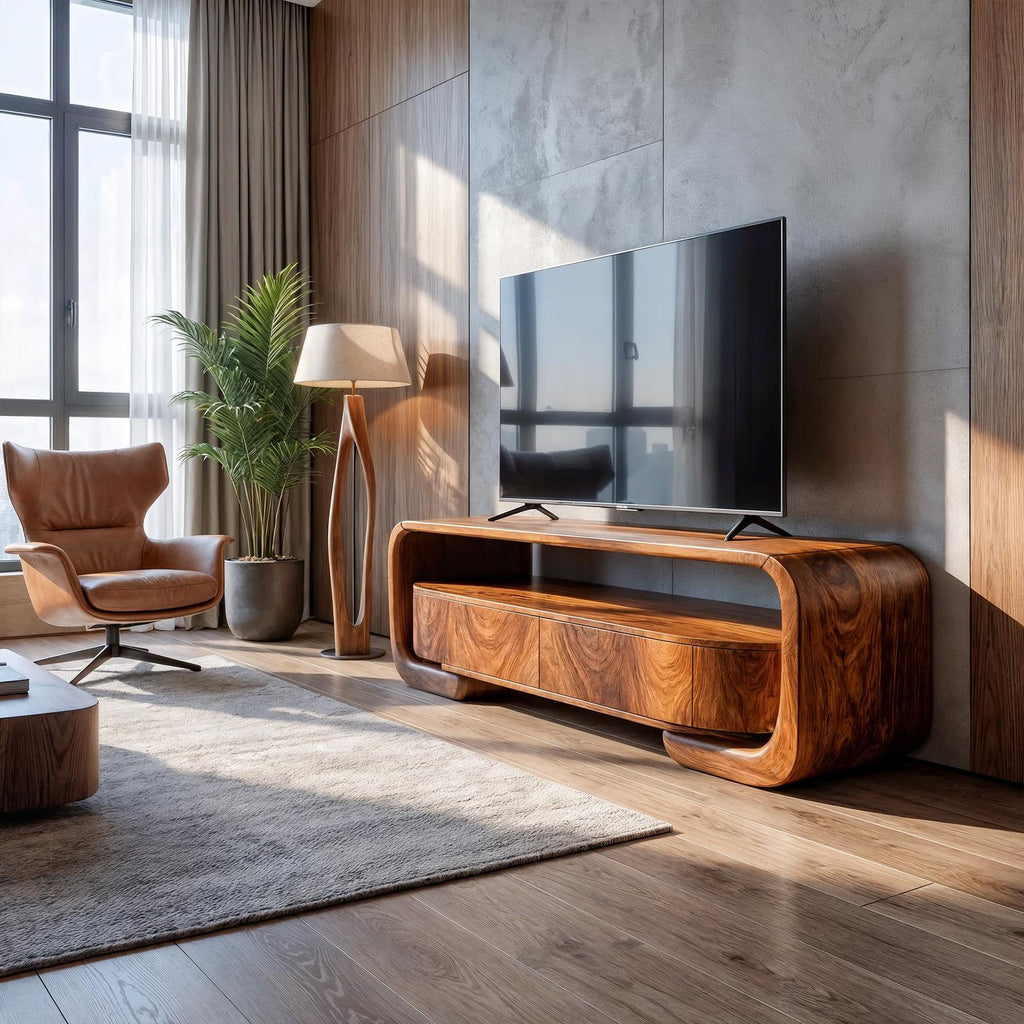 Organic Entertainment Center With Sculptural Live Edge Design For Living Room And Media Room
