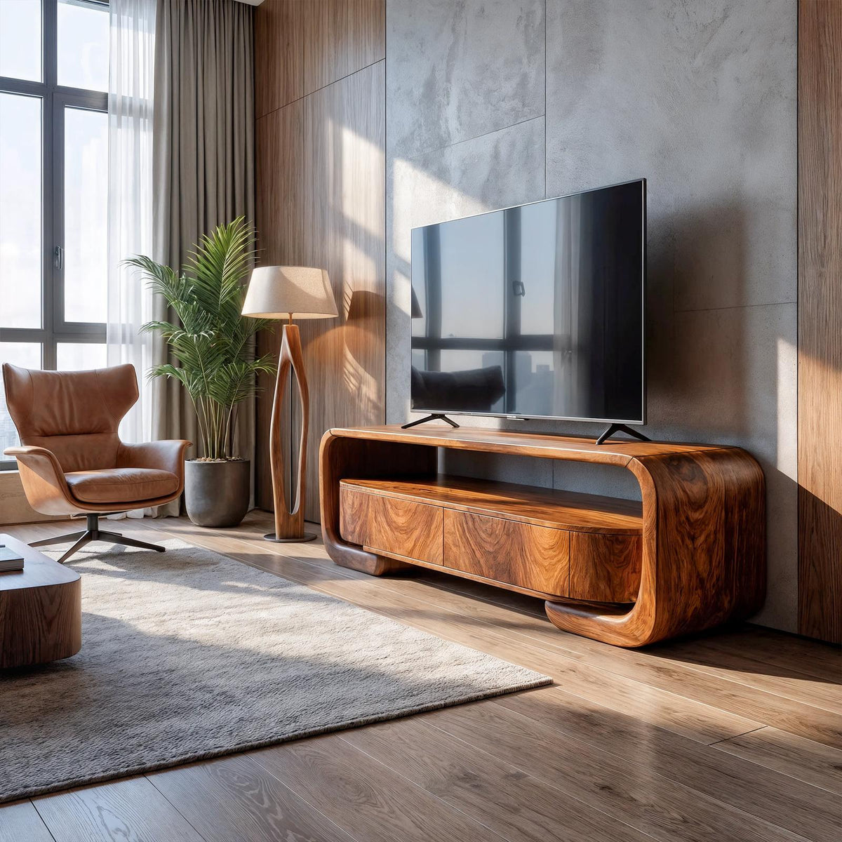 Organic Entertainment Center With Sculptural Live Edge Design For Living Room And Media Room