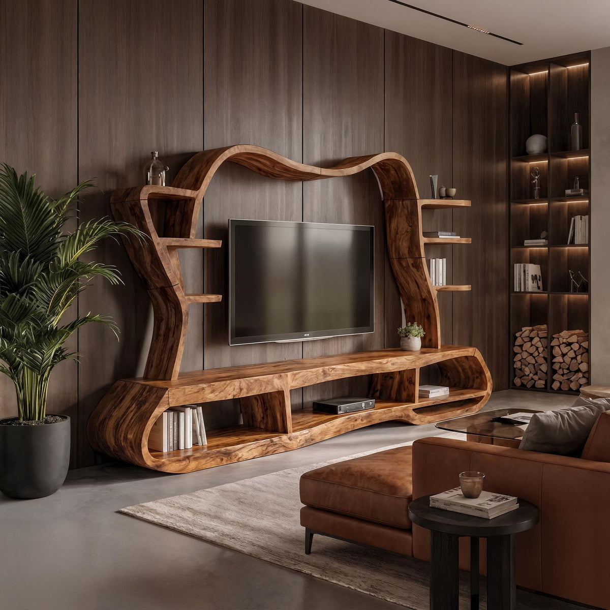 Modern Wood Entertainment Center with Sculptural Curved Shelving, Luxury Living Room TV Stand Console