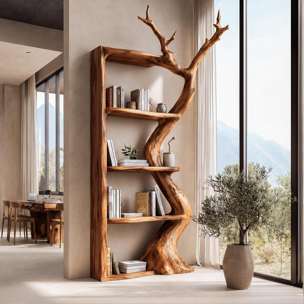 Sculptural Tree Bookshelf, Artistic Flowing Branch Shaped Solid Wood Open Display Shelves for Living Room Office