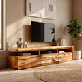 Organic TV Cabinet, Hand-Carved Textured Front Solid Wood Media Storage Console with Open Shelves for Living Room