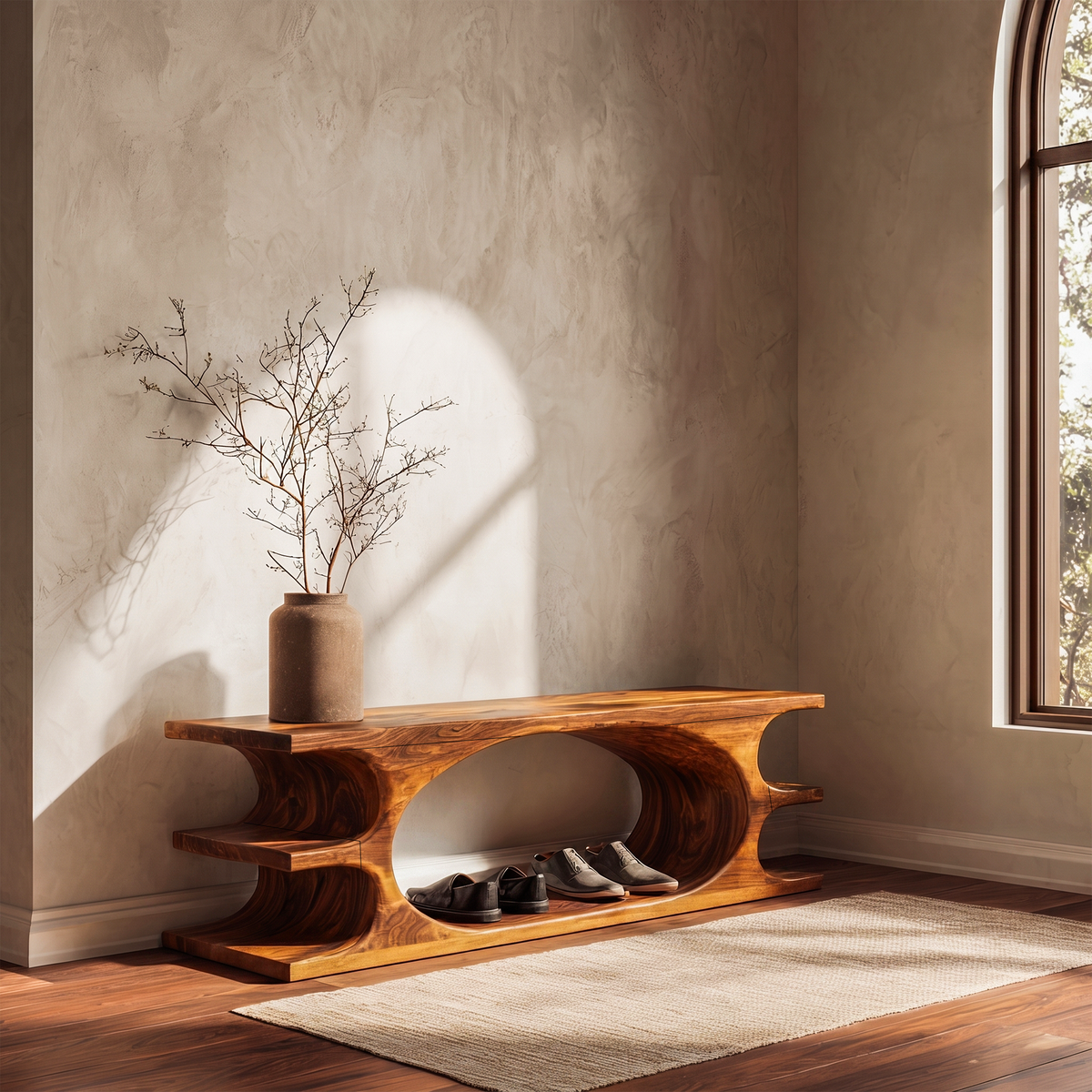 Organic Sculptural Wooden Bench with Flowing Curved Base, Solid Wood Hallway Seating & Living Room Accent Bench