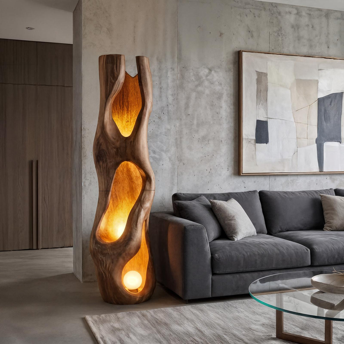 Nature Inspired Floor Lamp, Carved Driftwood Sculpture Tall Standing Light for Living Room