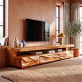Modern Solid Wood TV Stand, Hand-Carved Textured Front Console Media Storage Cabinet for Living Room