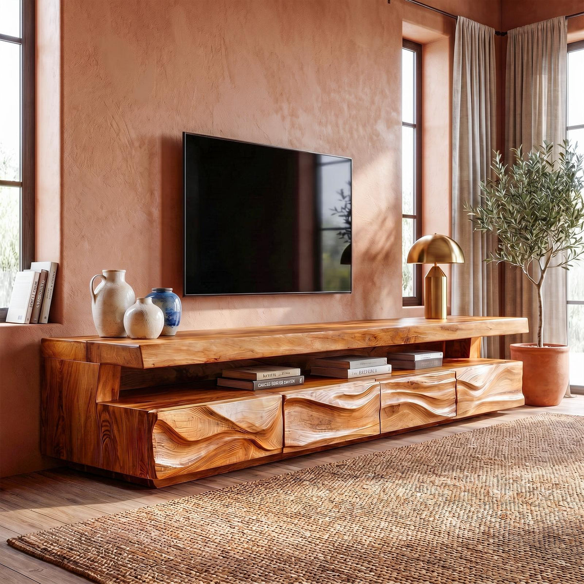 Modern Solid Wood TV Stand, Hand-Carved Textured Front Console Media Storage Cabinet for Living Room