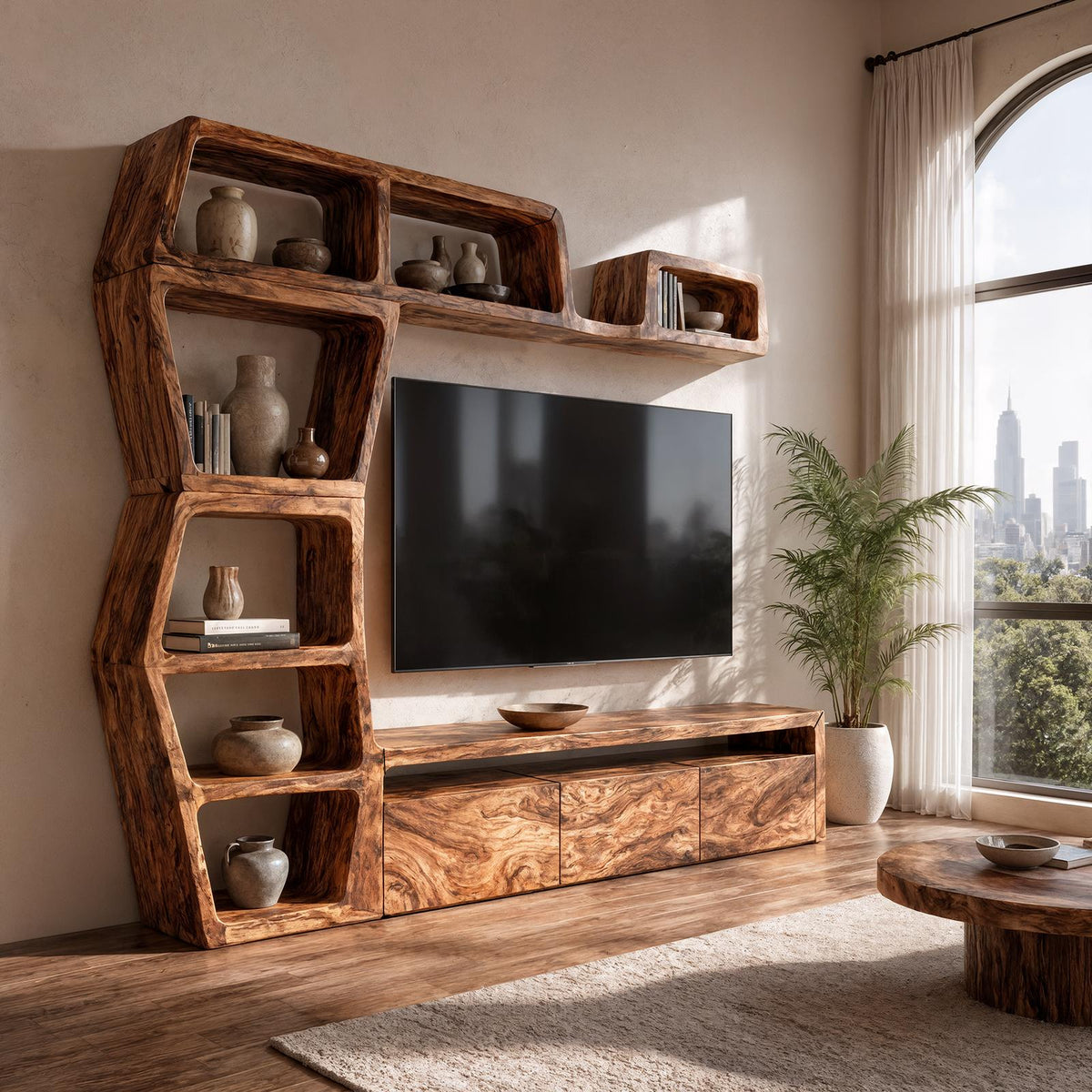 Contemporary Wooden Entertainment Center with Integrated Display Shelves & TV Console Table for Living Room