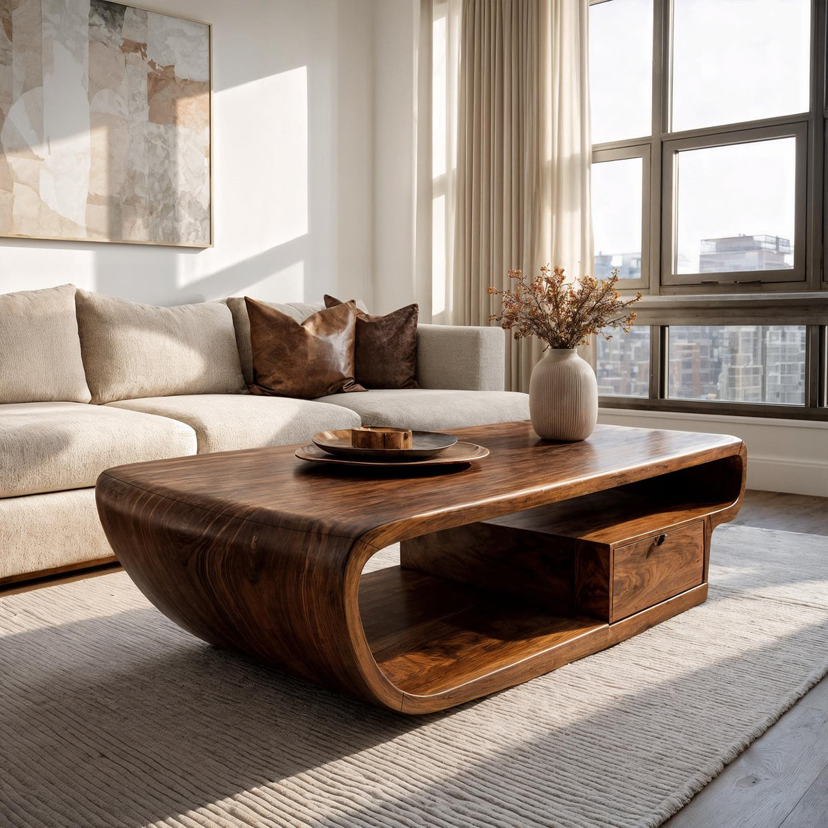 Spry Interior Organic Sculptural Coffee Table with Storage, Handcrafted Solid Wood Center Accent Table for Living Room, SINLKICF364