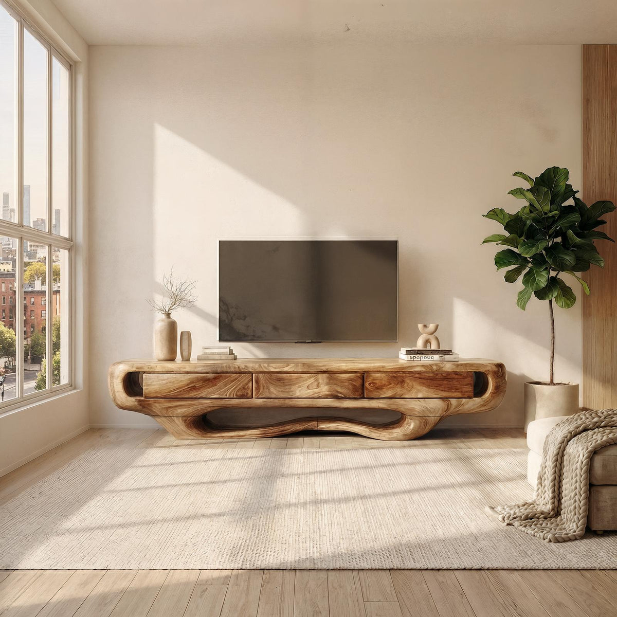 Rustic TV Cabinet, Solid Wood Low Profile Media Console, Entertainment Center TV Stand for Living Room