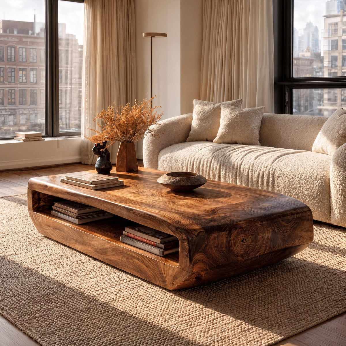 Spry Interior Rustic Natural Wood Coffee Table with Storage Shelf, Solid Wood Center Table for Cozy Living Room, SINLKICF365