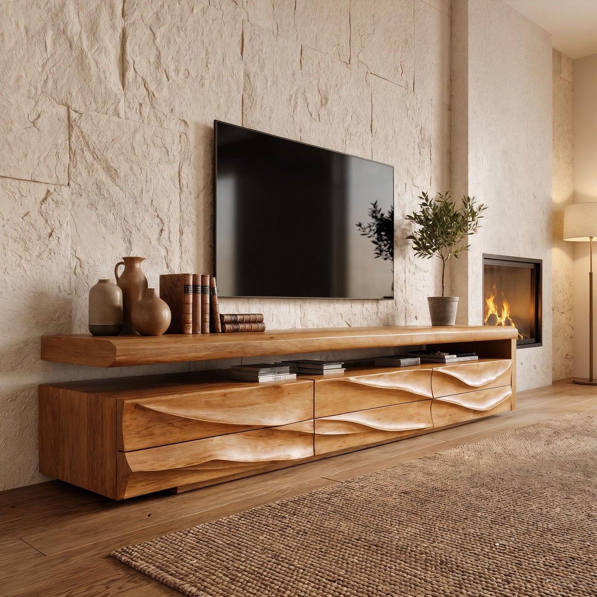 Organic Modern TV Cabinet Console, Handcrafted Curved Solid Wood Media Storage Credenza for Luxury Living Room
