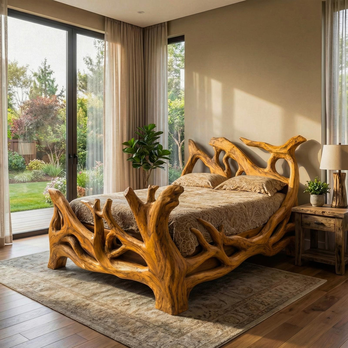 Spry Interior Rustic Organic Live Edge Platform Bed Frame with Solid Wood Headboard, Natural Slab Bed for Bedroom - SINLKIWB116