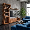 Modern Wood TV Cabinet with Curved Built-In Display Shelves & Entertainment Center Console for Living Room