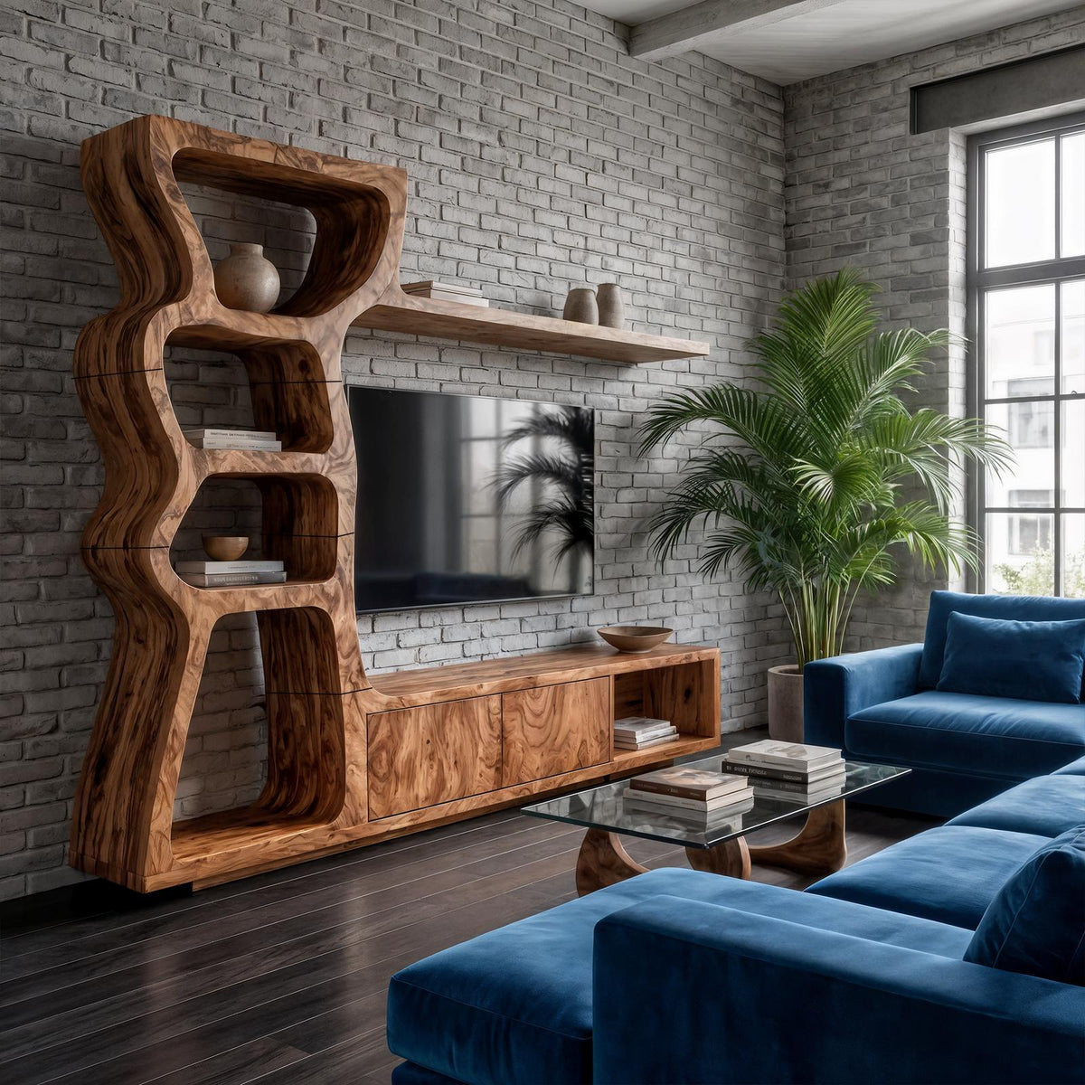 Modern Wood TV Cabinet with Curved Built-In Display Shelves & Entertainment Center Console for Living Room