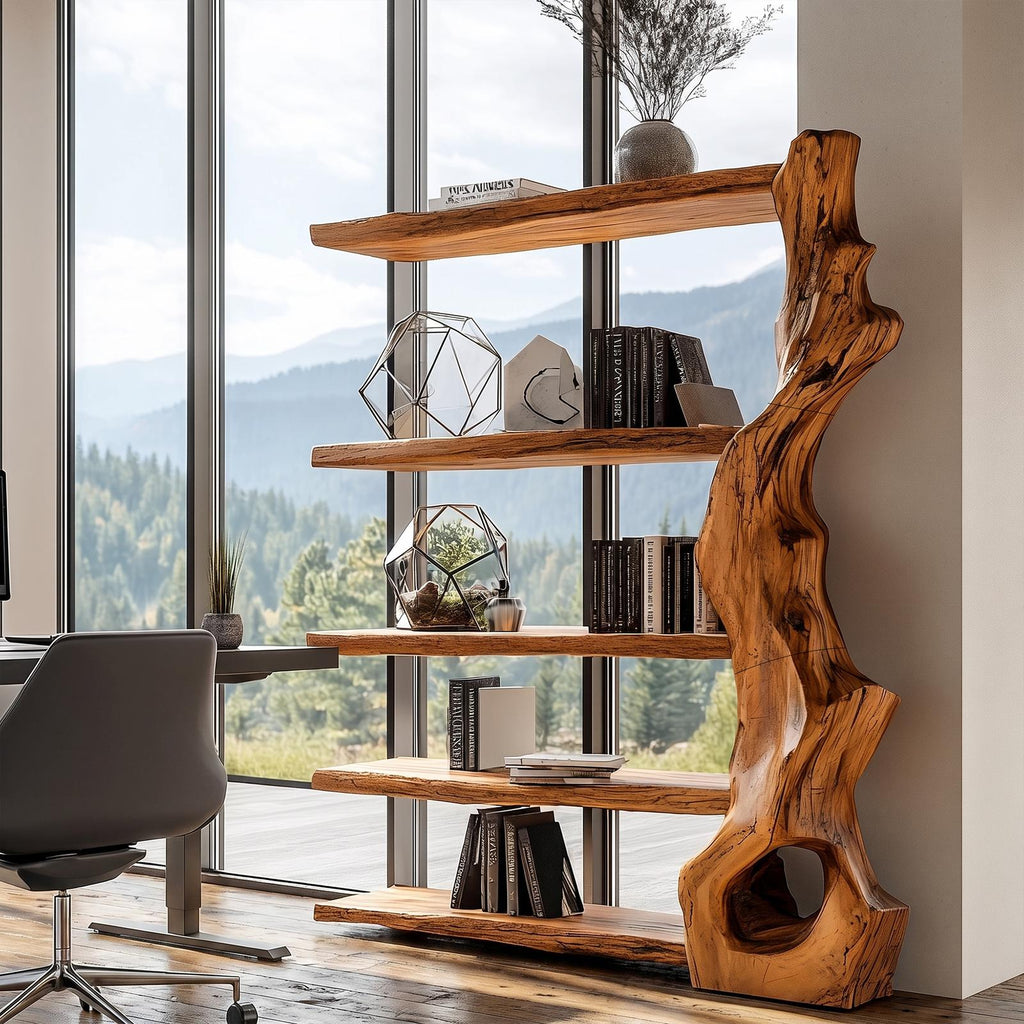 Rustic Tree Bookshelf with Handcrafted Branch Base, Solid Wood Bookcase Organizer with Open Shelves for Home Office Living Room