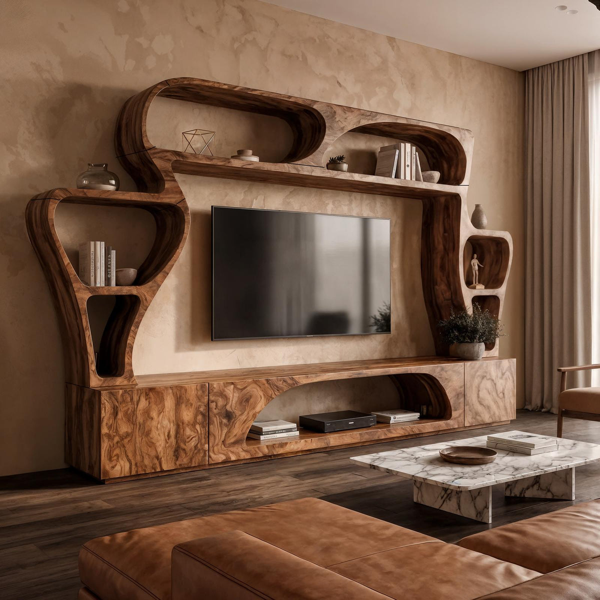 Solid Wood Statement TV Console, Handcrafted Living Room Entertainment Center with Sculptural Wall Shelves, Model