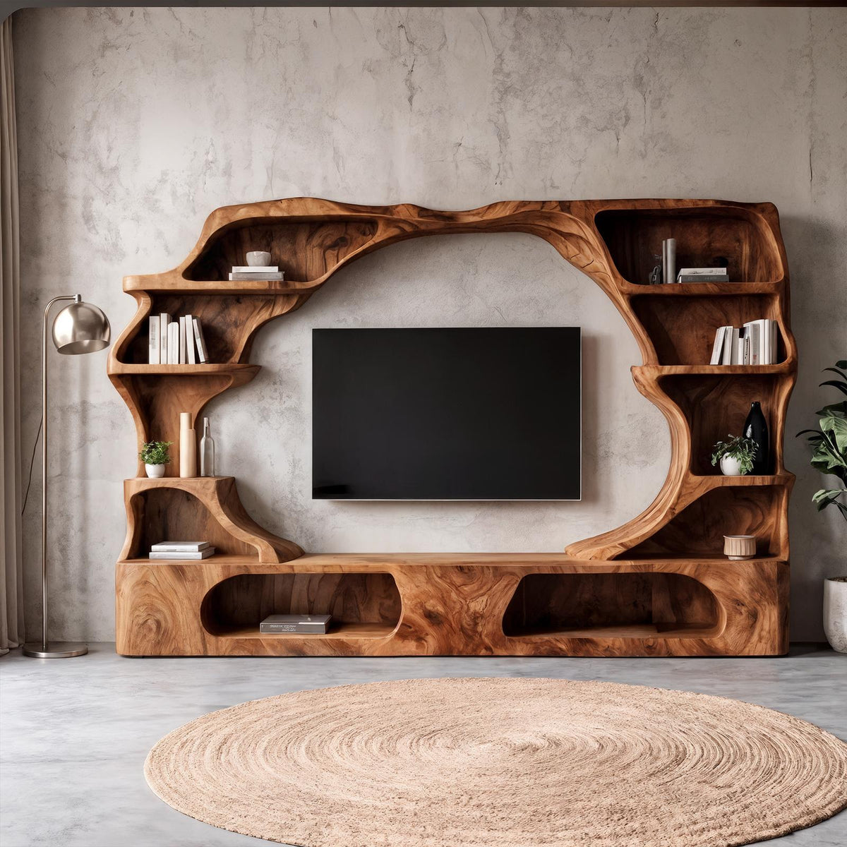 Nature-Inspired Wooden Entertainment Center, Handcrafted Living Room TV Console with Organic Display Shelves, Model