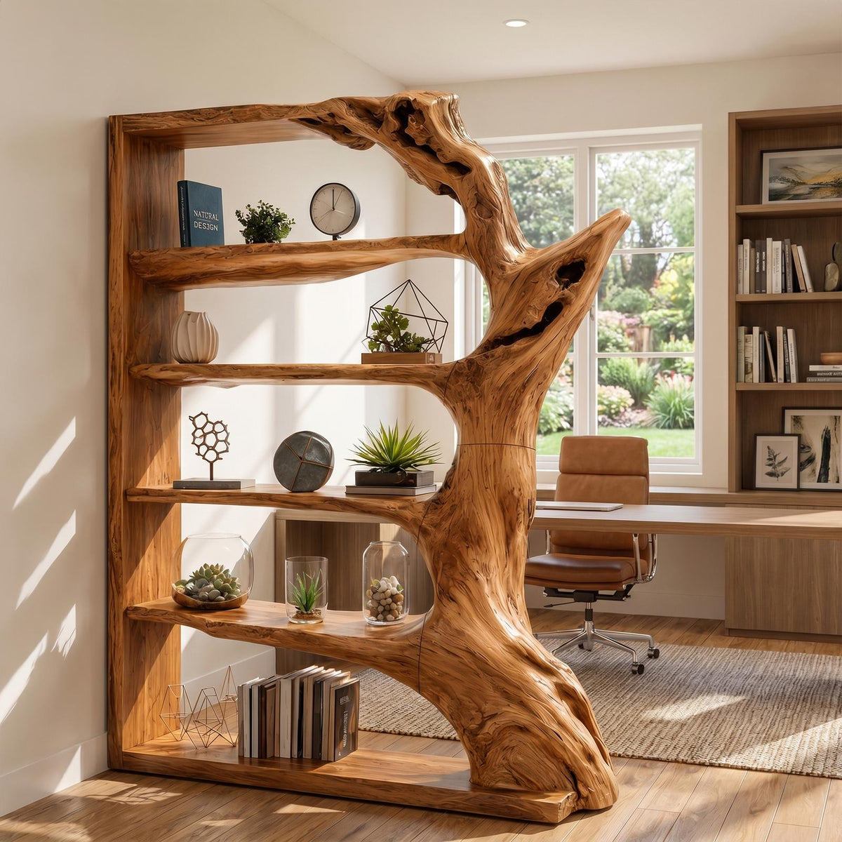 Contemporary Tree Bookshelf, Artistic Solid Wood Branch Book Display Rack Organizer, Modern Decorative Bookcase for Living Room, SINLKITB740