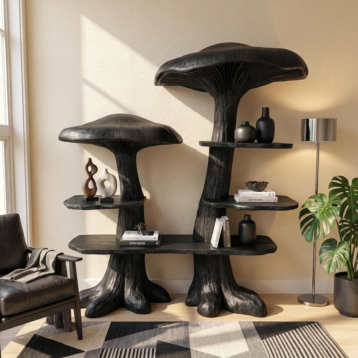 Nature-Inspired Mushroom Bookshelf, Solid Wood Open Display Shelving & Bookcase Storage Unit for Living Room