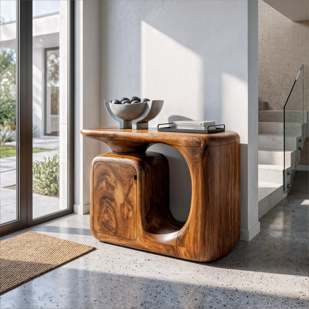 Modern Sculptural Console Table With Rounded Storage Cabinet For Entryway