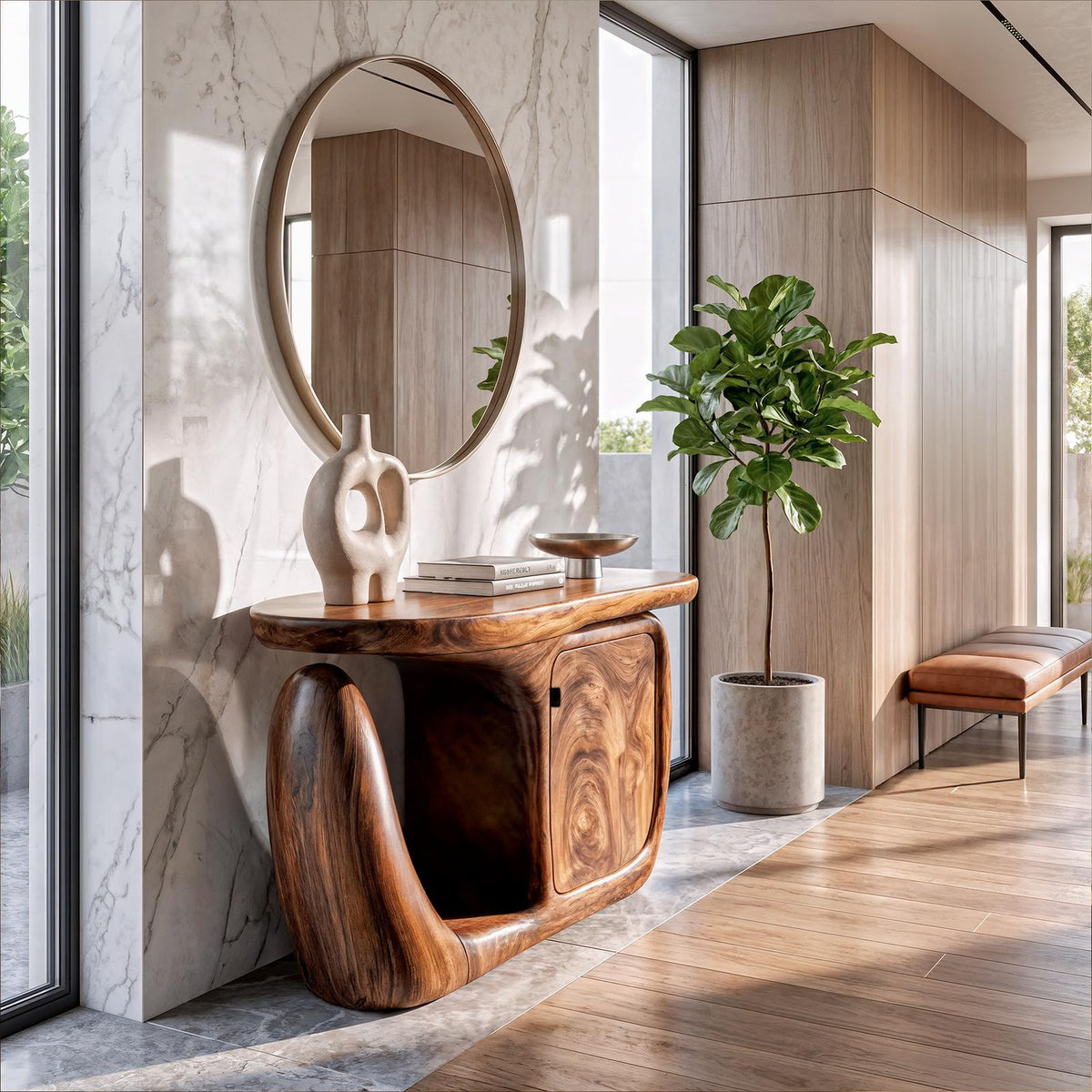 Contemporary Console Table With Sculptural Base And Storage For Entryway
