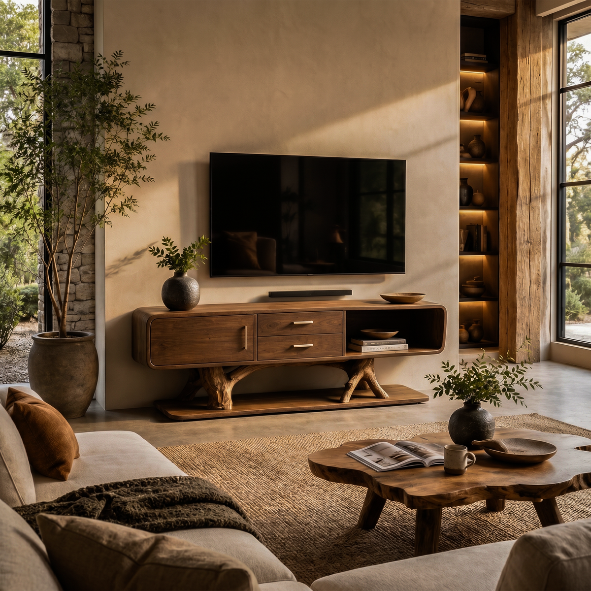 Modern Organic TV Cabinet with Storage Drawers, Solid Wood TV Stand & Media Entertainment Console for Living Room