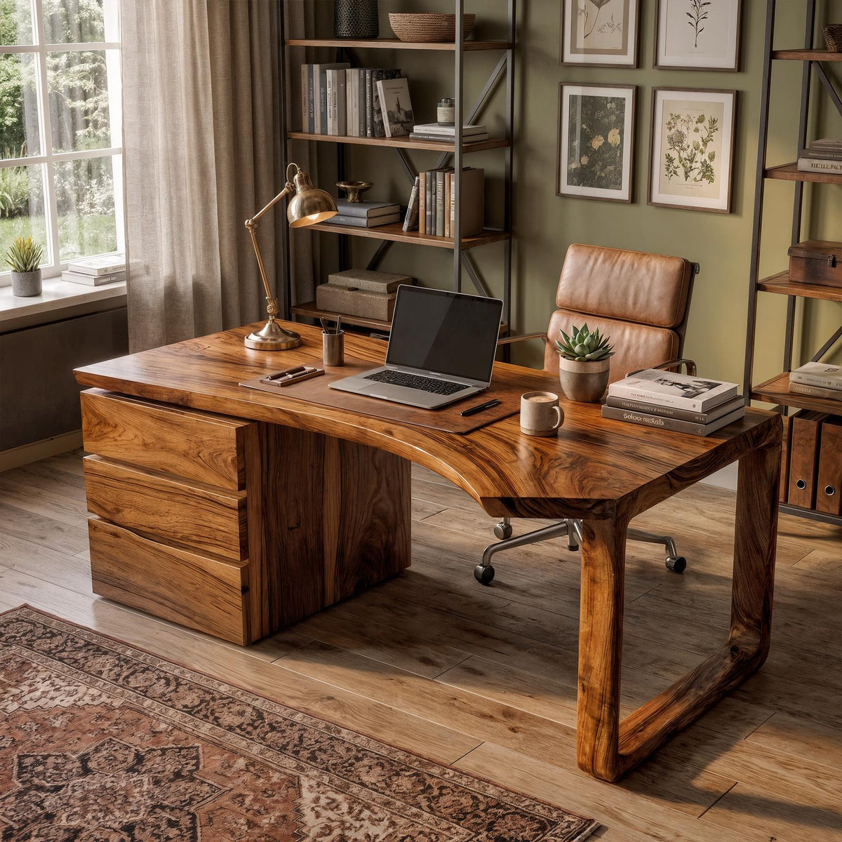 Mid Century Office Desk, Solid Wood Executive Computer Desk for Home Office & Workspace