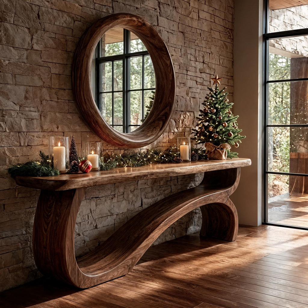 Modern Console Table Table With Sculptural Open Wood Base For Living Room