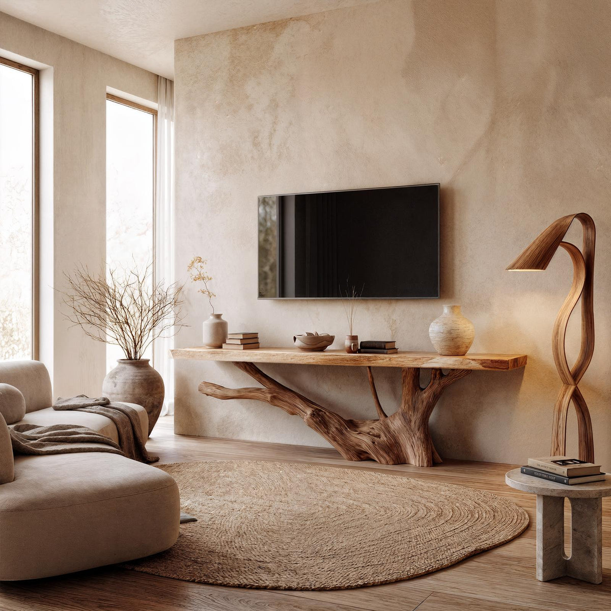Nature Inspired TV Stand With Handcrafted Tree Root Design For Living Room
