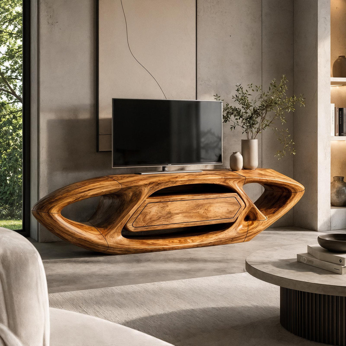 Contemporary TV Cabinet With Sculptural Oval Frame And Open Storage For Living Room SINLKITVC111