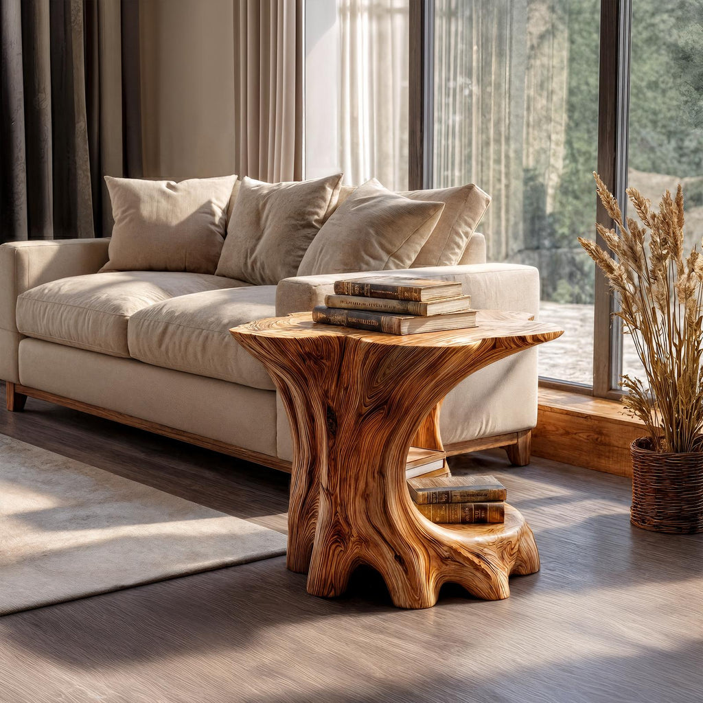 Rustic Bedside Table with Solid Wood Base and Open Storage, Handcrafted Modern End Table & Nightstand for Bedroom