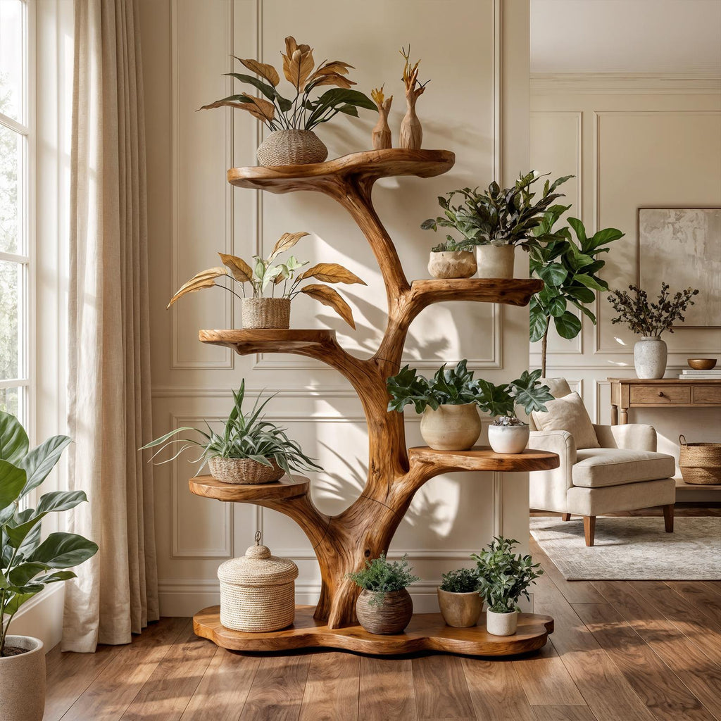 Rustic Tree Plant Shelf Indoor Green Display Living Room
