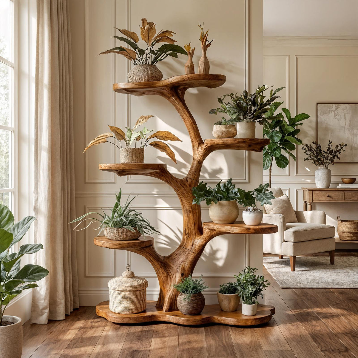 Rustic Tree Plant Shelf Indoor Green Display Living Room