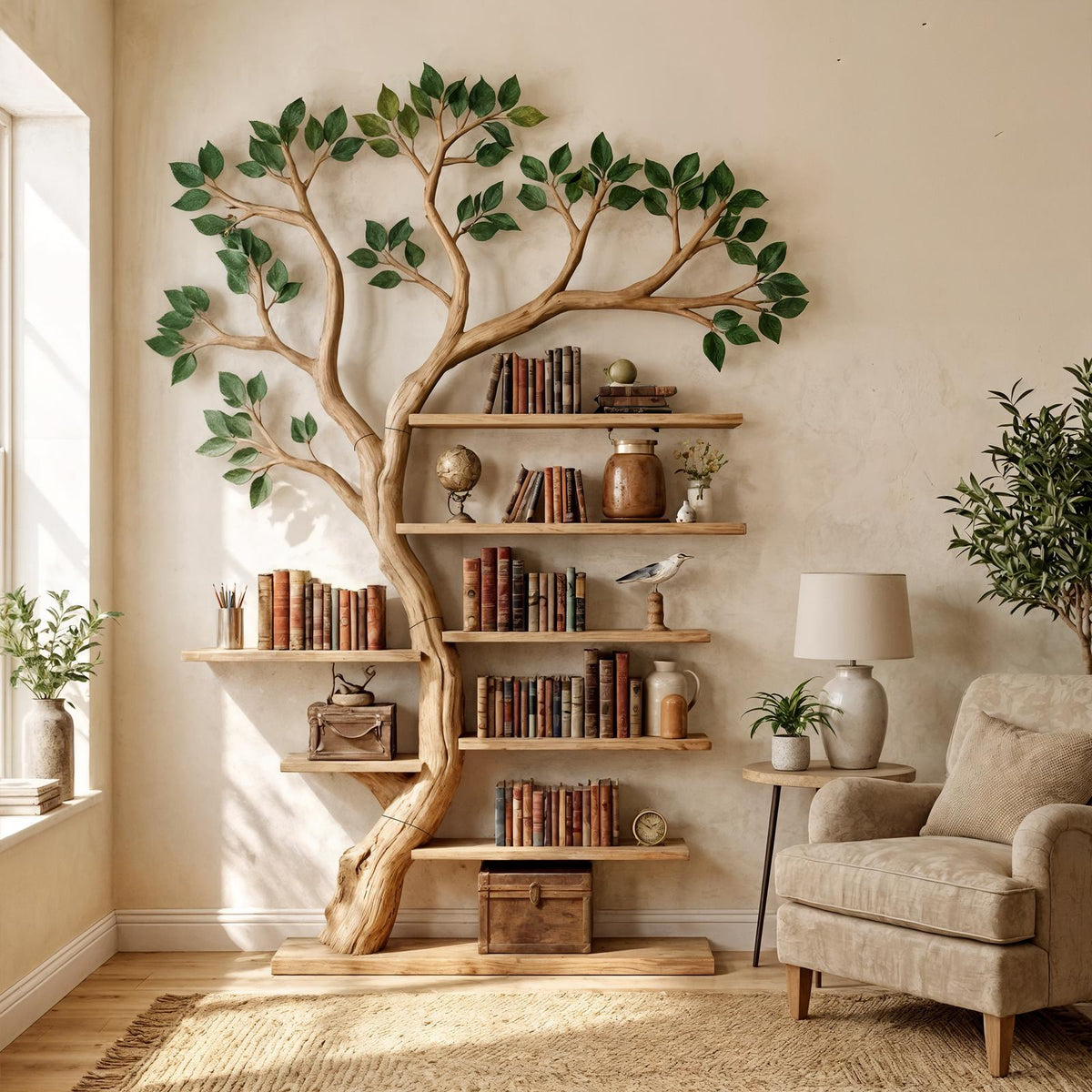 Rustic Tree Bookshelf Living Room Office Artistic Wall Display