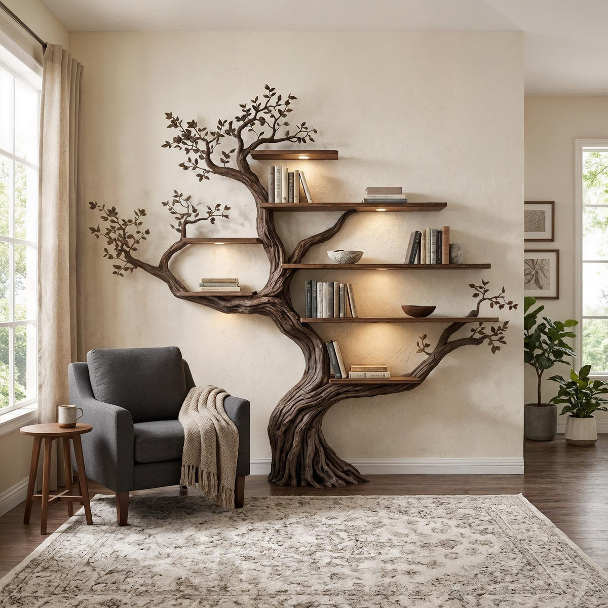 Modern Organic Tree Bookshelf, Flowing Sculptural Solid Wood Wall Mounted Floating Branch Bookcase for Living Room