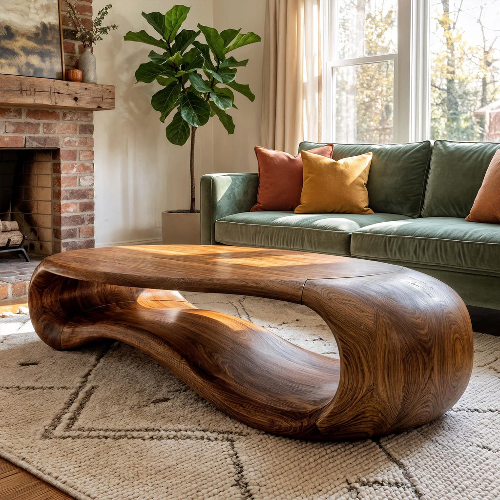Modern Sculptural Solid Wood Coffee Table, Handcrafted Abstract Wooden Center Table for Contemporary Living Room Decor