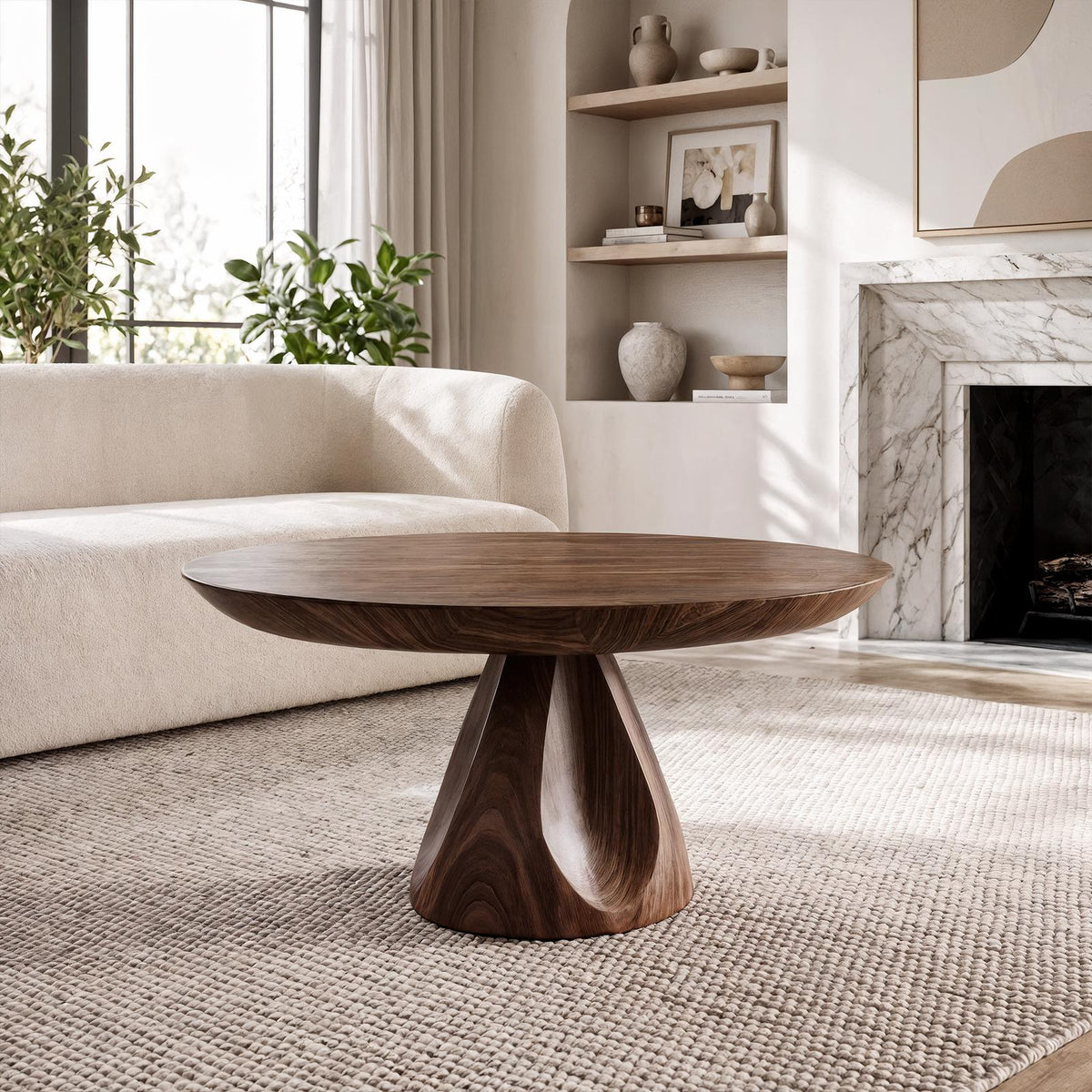 Contemporary Round Coffee Table, Solid Wood Minimalist Sculptural Accent Table for Living Room, Lounge, Family Room