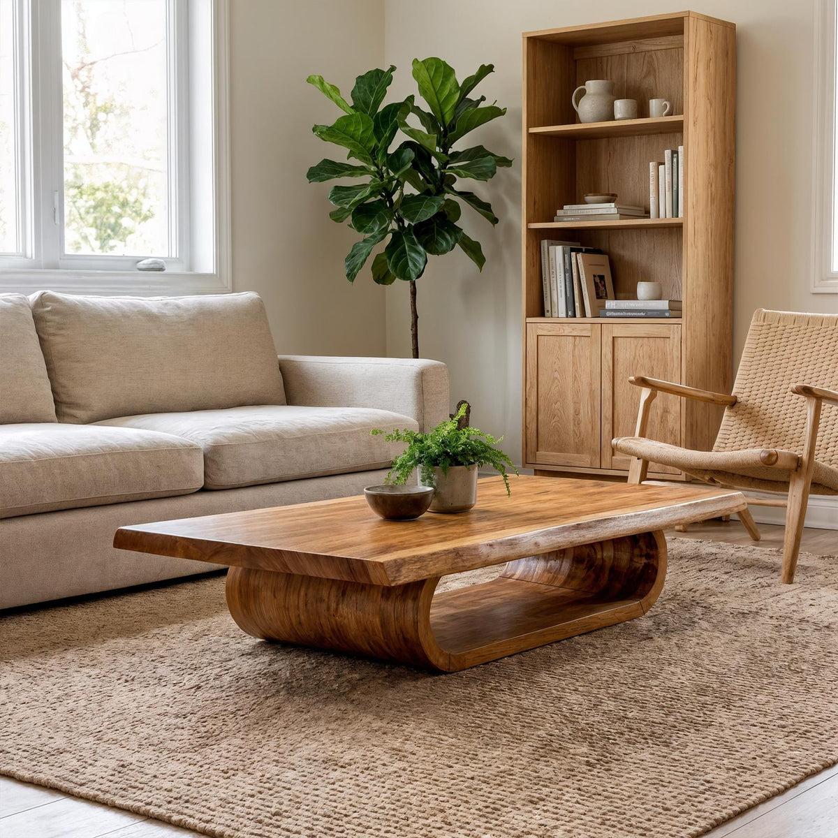 Mid Century Wave Coffee Table, Solid Wood Sculptural Fluid Curve Centerpiece Table for Sitting Room, Living Room, Den