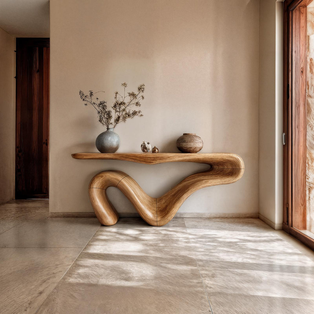 Organic Modern Sculptural Console Table, Solid Wood Curved Entryway & Living Room Accent Sofa Table