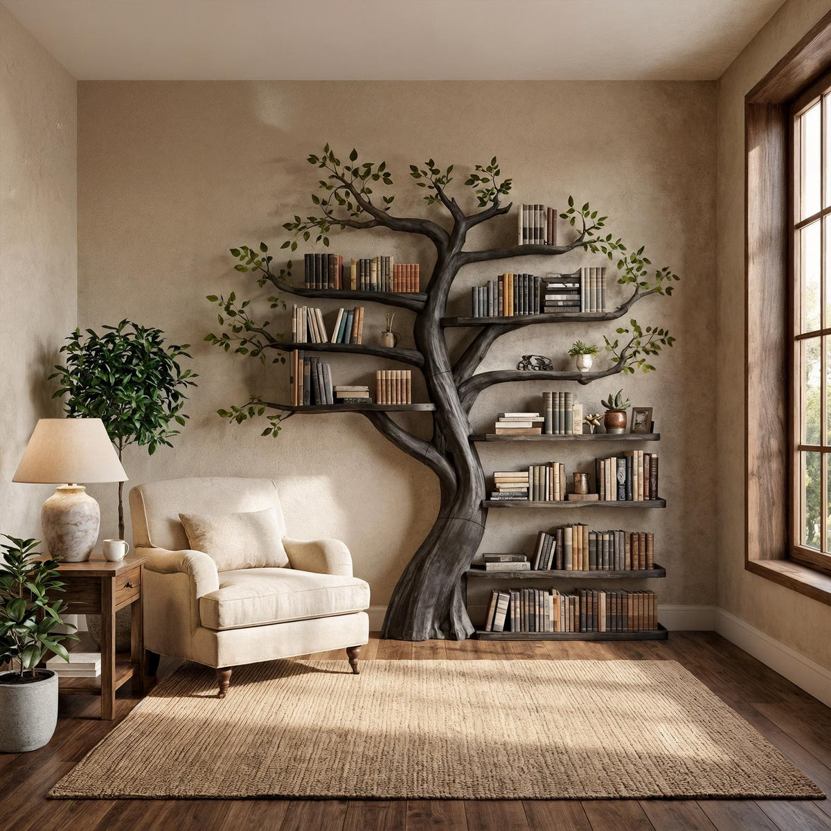 Organic Tree Bookshelf Living Room Interior Sculptural Wall Display