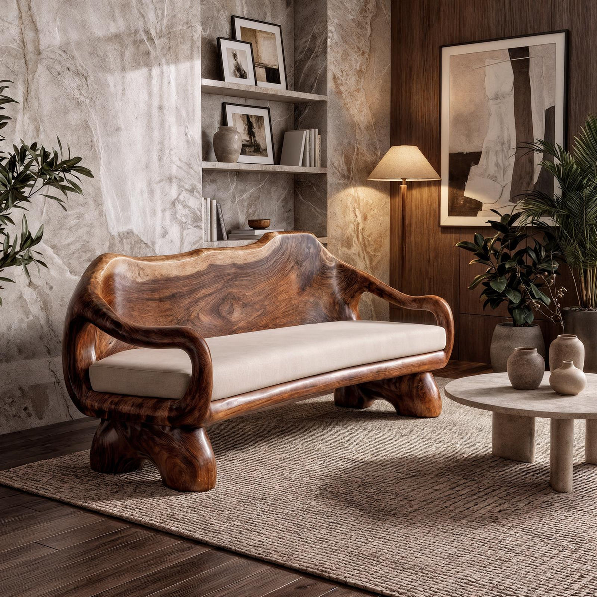 Sculptural Carved Sofa Frame Solid Wood Artistic Hand Carved Design Living Room And Lounge SINLKISF014