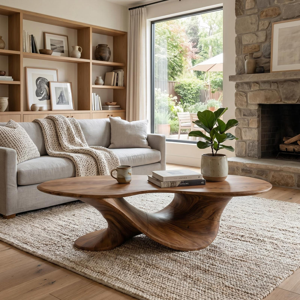 Spry Interior Sculptural Oval Coffee Table, Handcrafted Solid Wood Center Accent Table for Modern Living Room Lounge, SINLKICF359